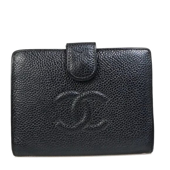 CHANEL CC Logo Bifold Wallet Purse Caviar Skin Leather Black GHW France - Picture 1 of 16